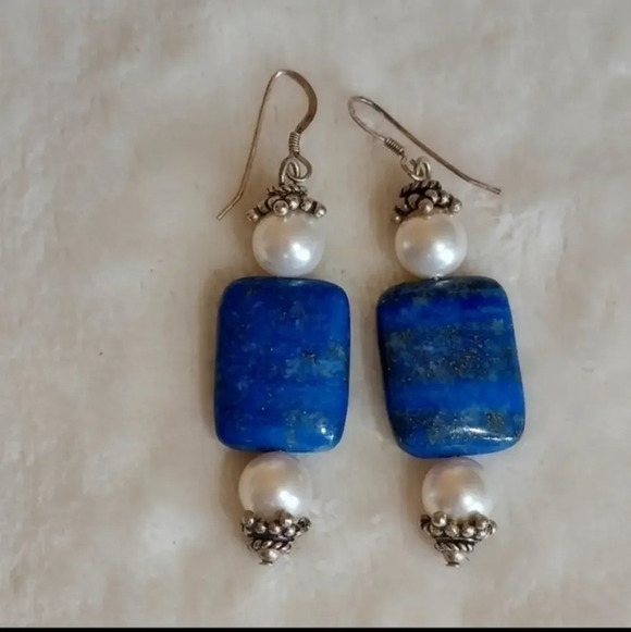 Cultured Pearl Lapis‎ Lazuli Sterling SilverDangle earrings - Picture 1 of 7